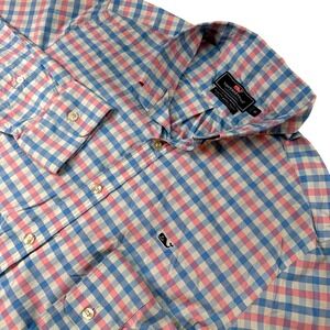 Vineyard Vines Performance Slim Fit Whale Shirt Men's M Pink Blue Check Plaid‎